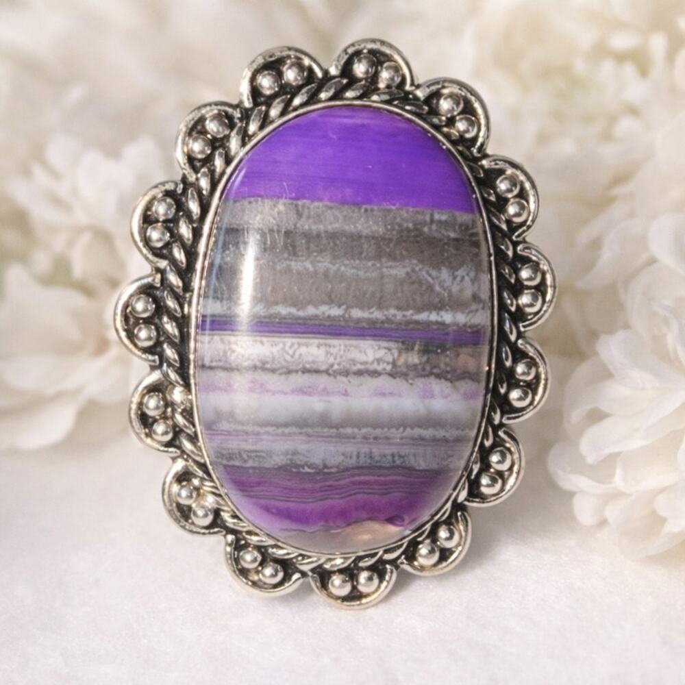NWT German Silver Multy Onyx Ring Size 6 Ornate Banded Gemstone Statement